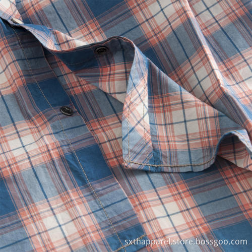 Men's Denim Patchwork Plaid Short Sleeve Shirt